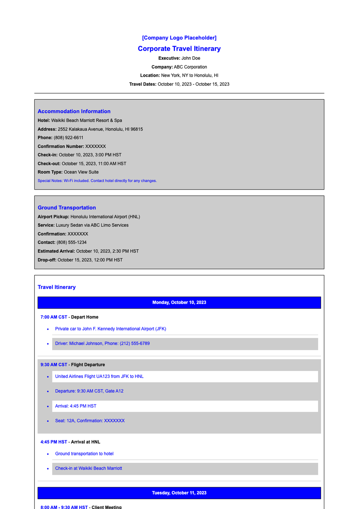 Detailed corporate travel itinerary template with schedule and contact info_variant_2